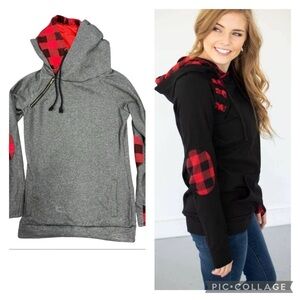 Ampersand Ave Grey Buffalo Plaid Double Hooded Sweatshirt Large